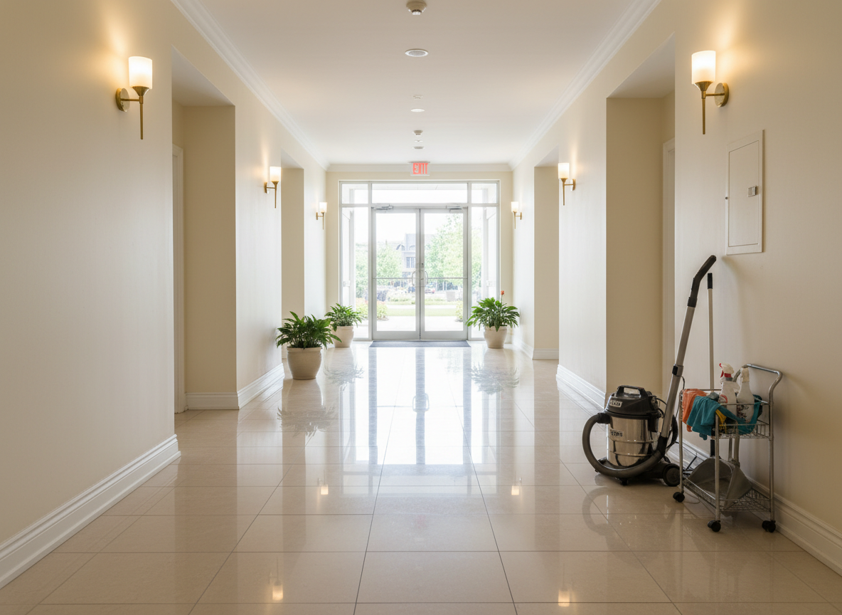 A spacious hallway in a well-kept condominium building in Stittsville, just finished being professionally cleaned. The polished light-beige tile floor reflects the soft glow of wall sconces and diffused daylight from a glass entrance door at the far end. A compact, quiet vacuum with a HEPA filter attachment rests neatly against the wall beside a tidy cleaning caddy, emphasizing attention to dust and allergens for seniors and sensitive residents. Photographic realism, eye-level composition with strong depth and vanishing point perspective leading down the corridor. The atmosphere is secure, orderly, and reassuring, suggesting a consistently maintained, healthy building environment.