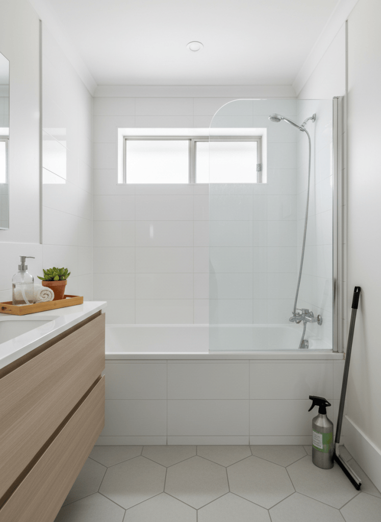 A sparkling, freshly sanitized bathroom in a family home, emphasizing hygiene and eco-friendly products. A gleaming white bathtub with chrome fixtures, streak-free glass shower screen, and flawlessly clean ceramic tiles are showcased. On the vanity, a small wooden tray holds a glass soap dispenser with clear liquid, a folded organic cotton hand towel, and a tiny potted succulent. A reusable spray bottle and squeegee lean neatly nearby, still slightly damp. Soft, even overhead lighting with a bit of natural light from a frosted window creates minimal shadows and emphasizes cleanliness. Photographic realism, slightly wide-angle lens capturing the full room in a balanced, symmetrical composition. The mood is reassuringly hygienic, calm, and spa-like.