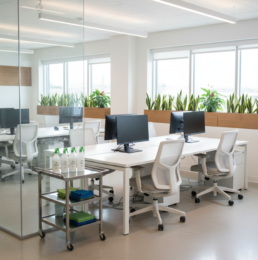 A pristine, eco-conscious open-plan office in Kanata immediately after a deep clean. Row of sleek white desks with cable-managed monitors, spotless ergonomic chairs tucked in perfectly, and low-profile planters with thriving green plants along the windows. Refillable spray bottles with clear, plant-based solutions and folded microfiber cloths sit organized on a small wheeled cleaning cart, parked discreetly near a glass partition free of any smudges. Bright but diffused daylight from large windows mixes with soft overhead LED lighting, creating a crisp, professional atmosphere. Photographic realism from a slightly elevated angle, balanced composition with strong leading lines. The mood is efficient, health-focused, and trustworthy, ideal for a productive, hygienic workplace.