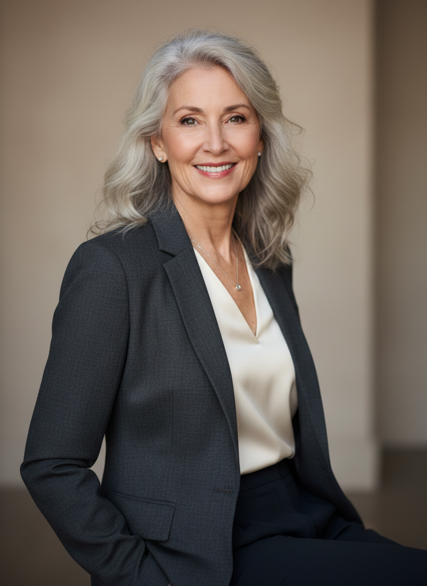A professional portrait photo of a 65-year-old woman with a warm, confident smile.